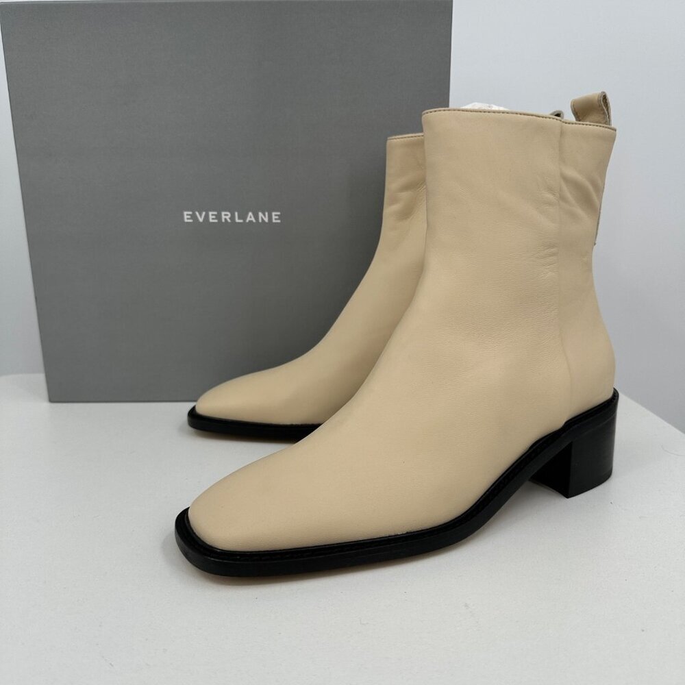 Everlane The City Boot in Cream Leather 8 Women's Side Zip Block Heel Ankle